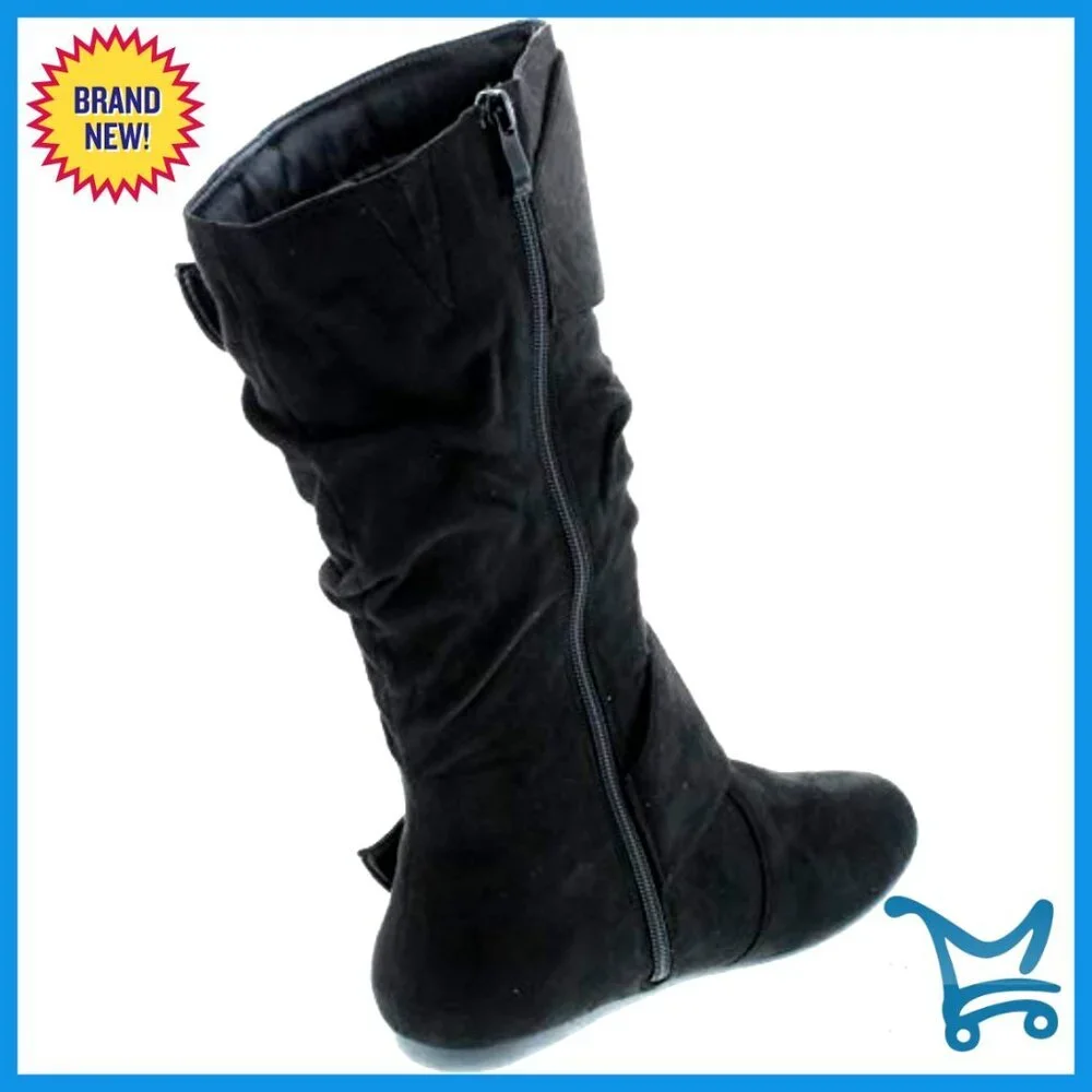 Slouch Mid-Calf Boots with Buckle Closure, Slip-On Zip, Non-Skid Sole